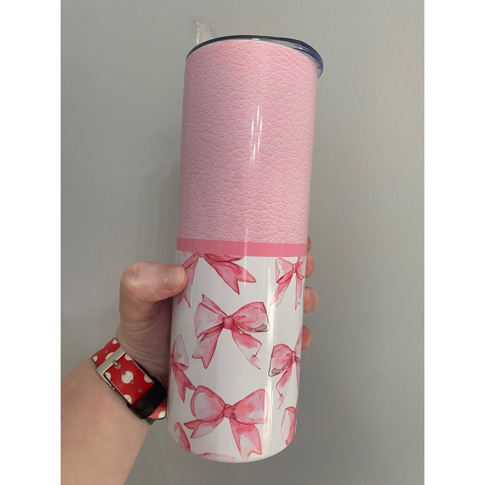 Skinny Tumbler Women 20oz Pink White Coquette Watercolor Bows Faux Leather Print - Picture 2 of 8